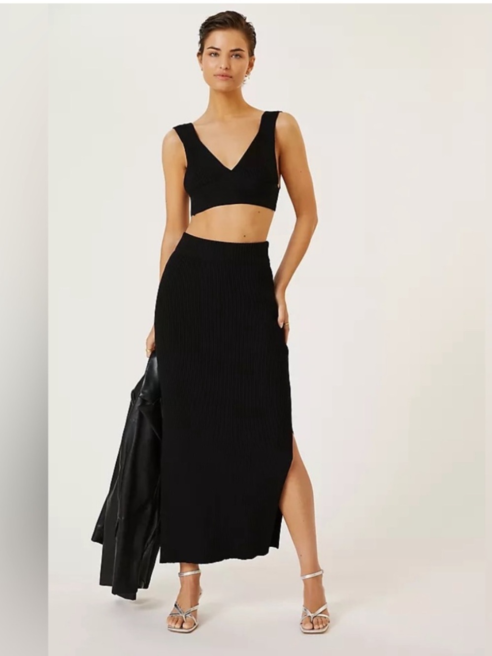 Anthropologie Knit Side Slit Ribbed Black Maxi Skirt Stretchy XS